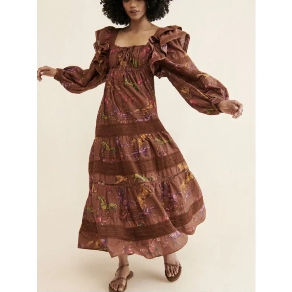 Farm Rio Dotted Horse Brown Tiered Maxi Dress XS